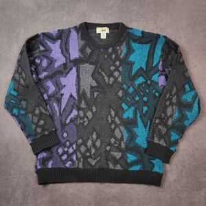 Vintage Jed Sweater Men Medium Black Purple Blue Geometric Acrylic Wool Pullover